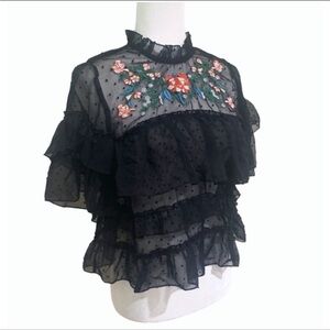 Rebellion Black Sheer Floral Embroidered Blouse Size S